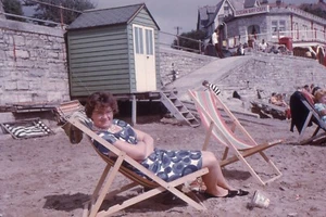 35mm Slide - Woman In Deckchair Near Ocean Bay Cafe, Swanage, Dorset, 1960s - Picture 1 of 1