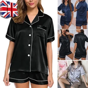 Women Satin Pyjamas Set Button Nightwear Ladies PJs Silk Short Sleeve Sleepwears - Picture 1 of 15