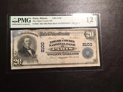 20.00 1902 National Bank Note Paris Illinois PMG 12 Fine Corner added - Image 1 of 4