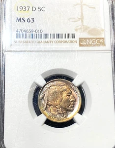 1937-D Buffalo Nickel NGC MS63 Awesome 2-Sided Rainbow Tone CHRC - Picture 1 of 4