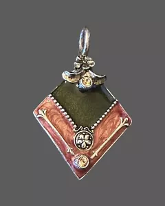Vintage Pendant Diagonally (kite Shape) Green & Rose Color Enamell - Picture 1 of 2