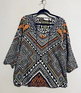 Chicos Top Womens Medium Southwestern Aztec V Neck Lightweight Cotton Boho - Picture 1 of 7