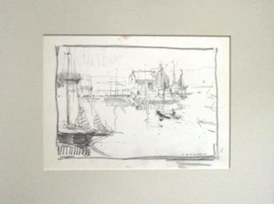 Harry A Vincent (1864-1931) BRADLEY WHARF, ROCKPORT original drawing LISTED - Picture 1 of 7