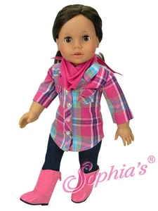 Doll Clothes 18" Hot Pink & Teal Plaid Blouse, Jeggings & Bandana - Picture 1 of 1