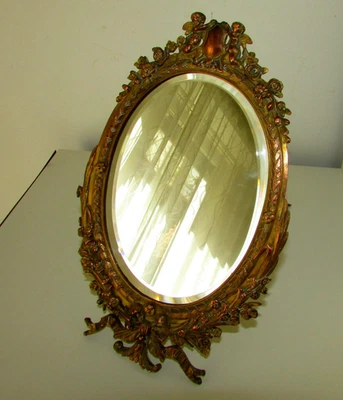 ANTIGUO COBRE PESADO BRONCE ROCOCÓ QUERUBINES PUTTI ARCO MARCO ESPEJO FLORAL 10,5"" Foto 1 de 4