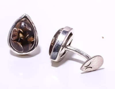 Abotoadura masculina de prata esterlina 925 ágata fóssil Turritella T71 A343 - Imagem 1 de 4