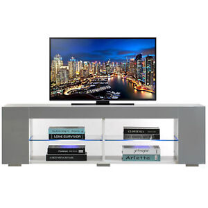 New White Entertainment TV Stand with LED Lights and Glass Shelves with UV Frame