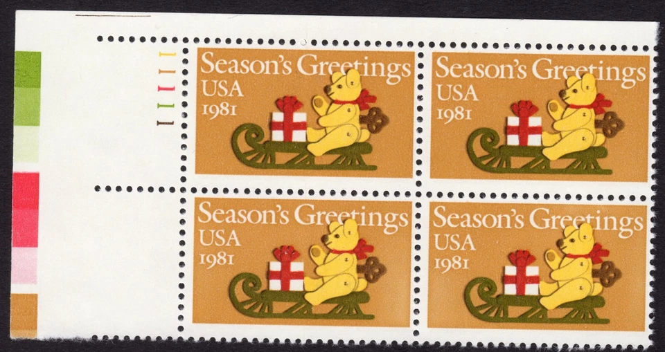 Scott #1940 Teddy Bear on Sleigh Plate Block of 4 Stamps - MNH P#11111 UL - Image 1 of 1