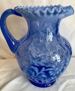 Vintage Fenton art glass sapphire blue opalescent fern & daisy pitcher - Picture 1 of 4