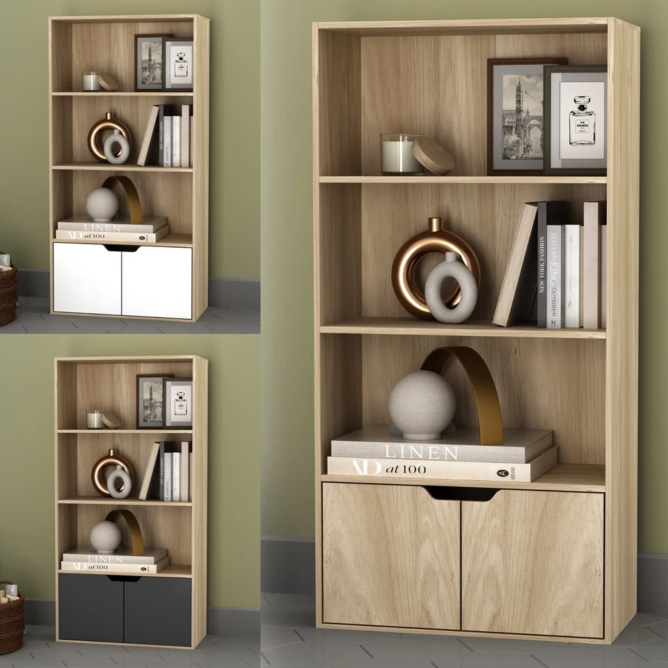 4 Tier Wooden Bookcase Cupboard with Doors Storage Shelving Display Cabinet Unit - Image 1 of 1