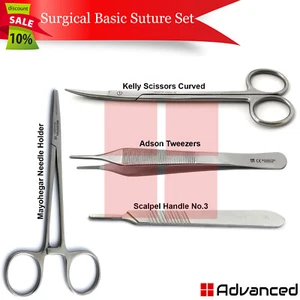 Surgical Basic Suture Set Kelly Scissors,Needle Holder,Thumb Tweezers Scalpel #3 - Imagen 1 de 5