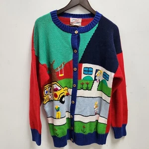 Vintage Cotton Salsa Womens Back To School 3D Sweater Size XL School Bus Button - Picture 1 of 18