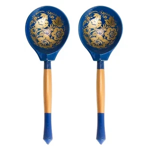 2 pc Blue Khokhloma Dinner Spoon Russian Musical Spoon Hohloma Ложка Хохлома - Picture 1 of 5