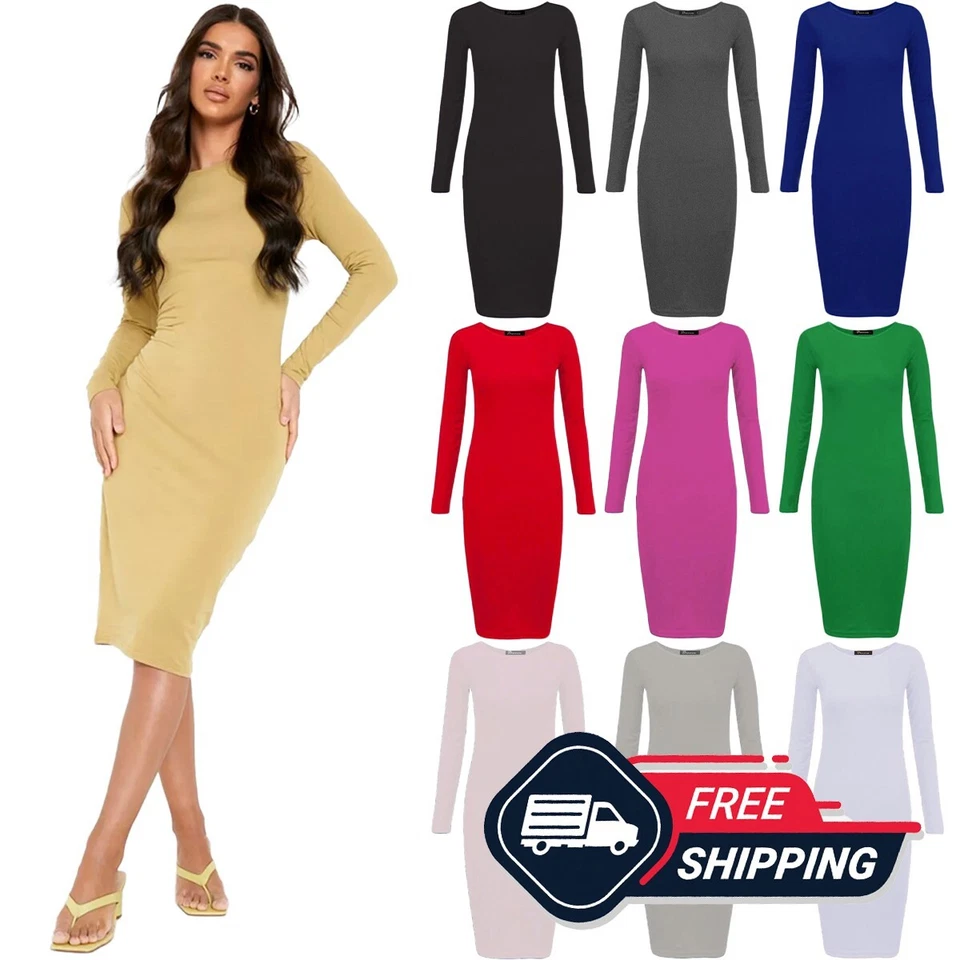 Womens Long Sleeve Plain Midi Dress Ladies Stretch Bodycon Jersey UK 8-26 - Image 1 of 4