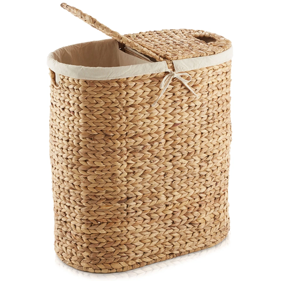 2-Section Oval Laundry Hamper Clothes Basket with Lids & Liners, Hyacinth Wicker - Image 1 of 1