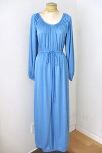 Vtg 70s Cornflower Blue Poly Knit Maxi Pullover Long Robe Loungewear Dress M - Picture 1 of 5