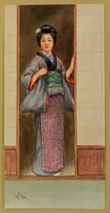 Acuarela Tsutaya Ryuko (1869 Japón 1933) 'Geisha en la entrada de la casa' alrededor de 1900 - Imagen 1 de 4