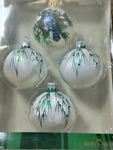 Vtg Christmas Blue Jay Glass Ball Ornaments Red Green Glitter Set Of 4 - Picture 1 of 7