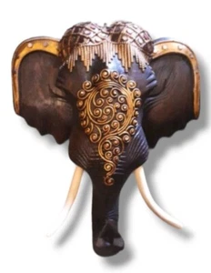 Elephant Head Wood Wall Art Hand Craft Home Decorate Black Color Unique Size 8" - Picture 1 of 7