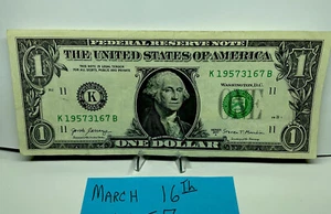 One Dollar Birthday Note March 16th 1957.Fancy Serial Number 1957 3 16 7. - Picture 1 of 5