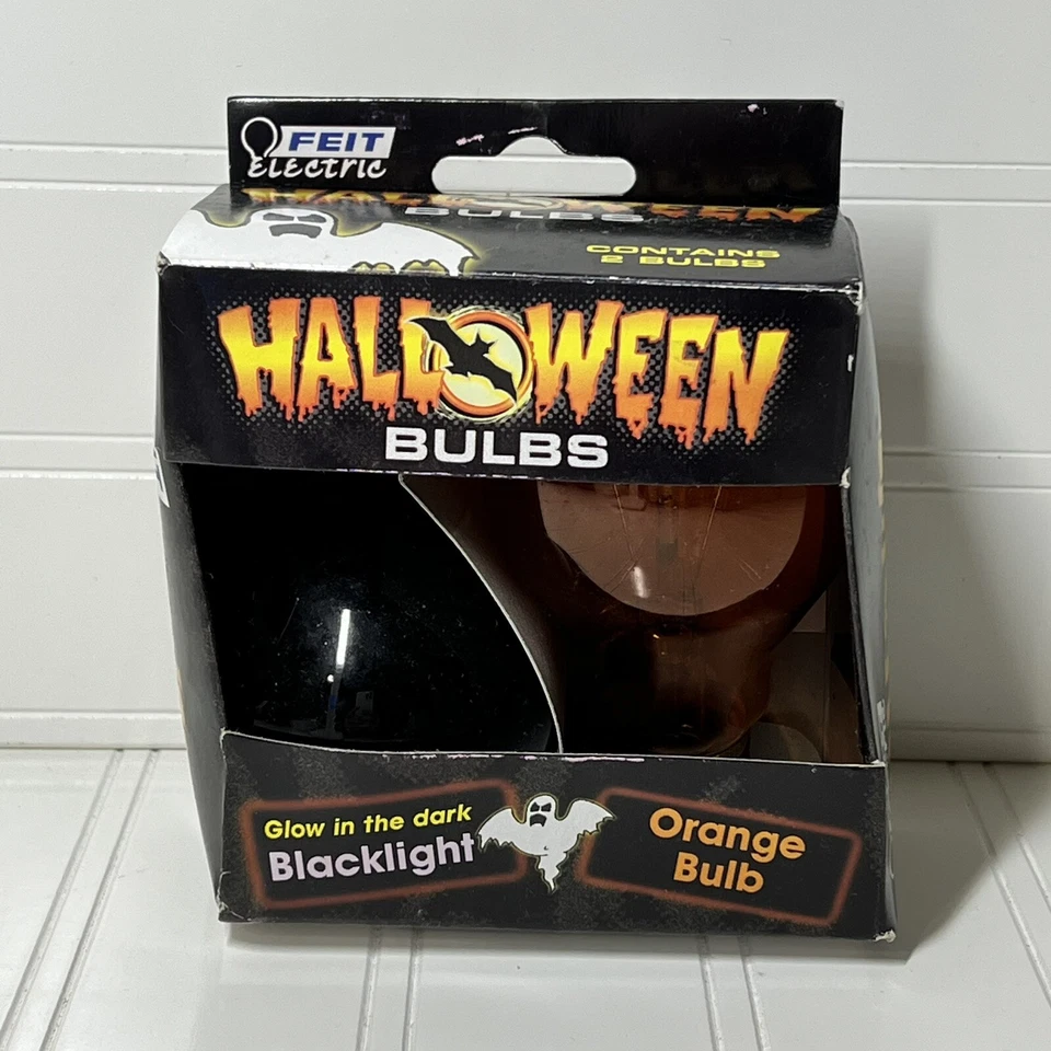 Feit Electric Light Bulb Orange & Black Spooky Scary Halloween 2 Pk Glow VTG - Image 1 of 4