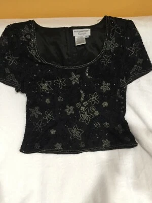 Damas Vintage Papell Boutique Noche Negro Seda Top Cuentas Patrón Floral L Foto 1 de 4