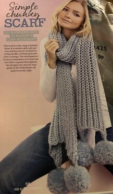 knitting pattern Simple Chunky Scarf Pom Pom Trim Fisherman Rib Easy Knitting  - Image 1 of 2