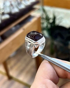 Real Yemeni Aqeeq Ring Black Aqeeq Ring  silver 925 - Picture 1 of 4