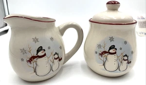 Snowman Themed Sugar Bowl With Lid & Creamer Winter Snowflakes Royal Seasons - Picture 1 of 7
