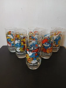 Set of 6 Hardee's Smurf Glasses. 14 oz. 1982 &1983 Clear and Crisp. - Picture 1 of 12