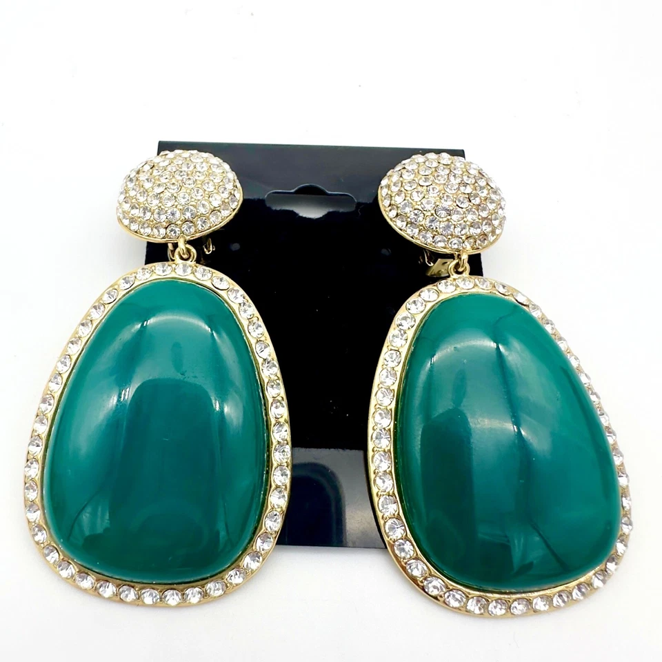 Vtg Brighton Green Glass Earrings Pave Rhinestone Dangle Statement Huge - Image 1 of 4