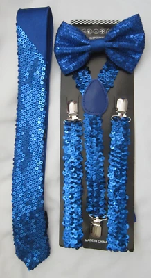 Pajarita de lentejuelas azul esmoquin, tirantes de lentejuelas azules en la espalda en Y y corbata de lentejuelas azules  Foto 1 de 2