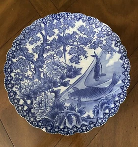 Antique Imari Japan 12.25” Diameter Koi Fish & Birds Blue White Plate - Picture 1 of 10