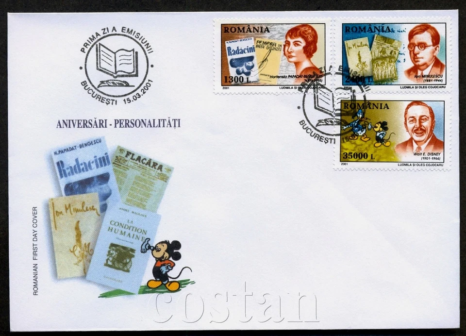 Dibujos animados 2001, Walt Disney, Mickey Mouse, Minulescu/Mason, Bengescu, Rumania, 5563, FDC Foto 1 de 1