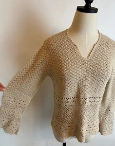 Suéter Vintage Y2K Crochet XS Beige Tejido Abierto Cottagecore Hippie Bohemio Tapete - Imagen 1 de 13