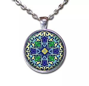 Pretty Arabesque Cross Pattern - Handmade Round Glass Pendant Necklace - Picture 1 of 10