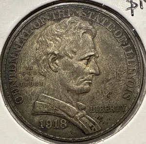 1918 Lincoln Illinois Commemorative Silver Half Dollar 50C Coin - Picture 1 of 4