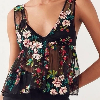 NUEVO SIN ETIQUETAS Ecoté peplum babydoll malla negra transparente floral bordado camiseta sin mangas S b65 Foto 1 de 4