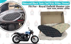 Fit For Royal Enfield "Hunter 350 Tank Pad Diamond Black With White Thread" - Picture 1 of 9