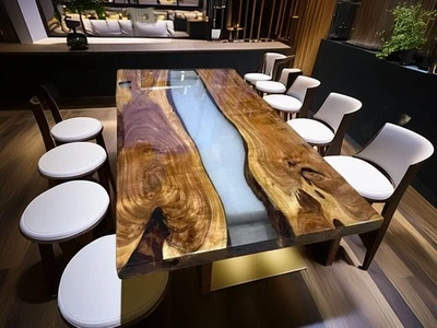 Mesa de río epoxi blanco y madera borde vivo hecha a mano - Tapa de resina de lujo personalizada Foto 1 de 4