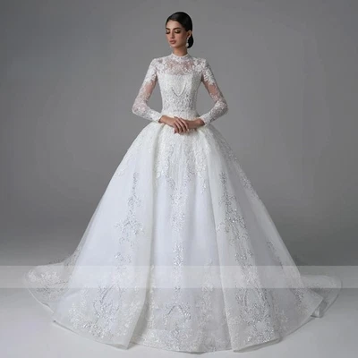 Exquisite Long Sleeve Sequined Wedding Dresses Ball Gown Applique Sweep Train - Image 1 of 4