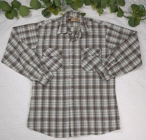 VTG Big Mac Mens Brown Plaid Button Up Shirt Long Sleeve Size L Tall 16-16 1/2" - Picture 1 of 11