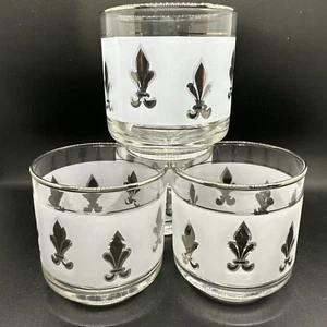 Set Of 4 Vintage Libbey Rocks Old Fashioned Glasses Fleur De Lis Silver Frosted - Picture 1 of 12