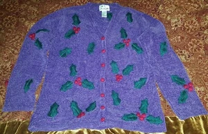Quacker Factory Christmas Holly Button Down Sweater Size S - Picture 1 of 8