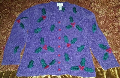 Quacker Factory Christmas Holly Button Down Sweater Size S - Image 1 of 4