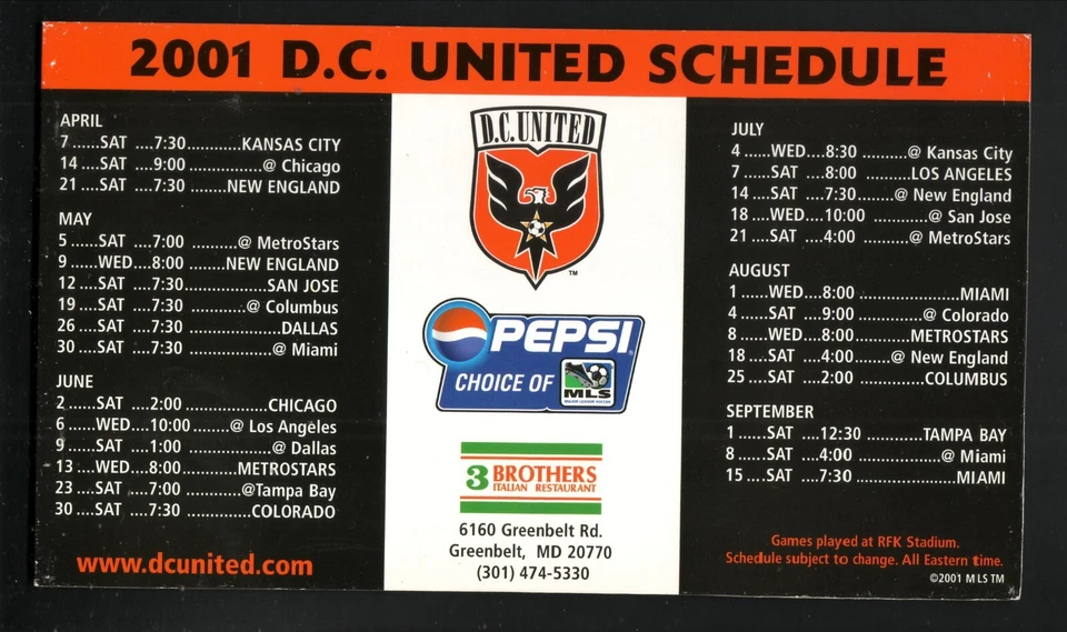 DC United--2001 磁铁时间表--百事可乐/3 Brothers--MLS — 第 1/1 张图片