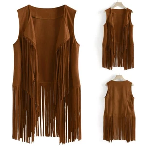 Women Sleeveless Tassels Fringe Gilet Waistcoat Gypsy Jacket Cardigan Coat Top - Picture 1 of 18