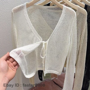 Summer Women Cropped Lace Shrug Hollow Out Long Sleeve Shawl Bolero Cardigan Top - Picture 1 of 26