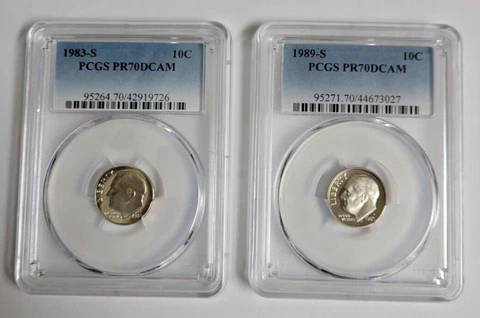 Lot of (2) PCGS PR 70 DCAM Dimes 1983-S & 1989-S Deep Cameo PERFECT COINS Cover