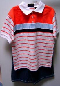 Claiborne Boys Stripe Polo Shirt Denim Shorts Playwear Set Orange White Sz 7
